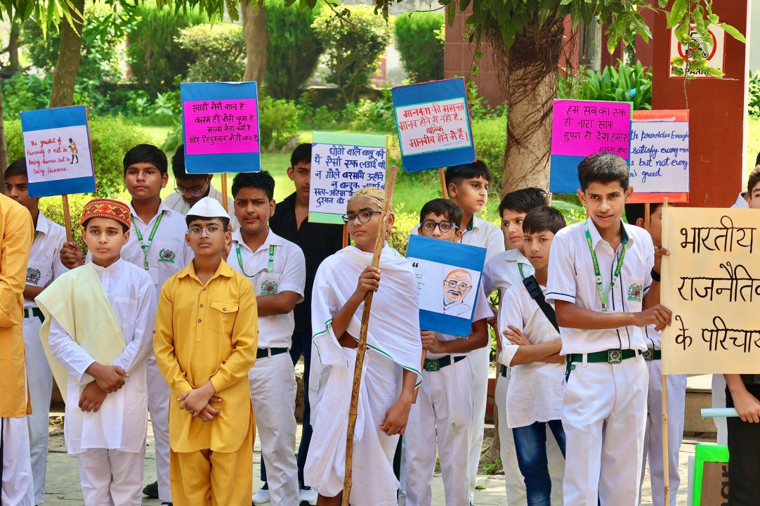 Grade 8 at DWPS celebrated Gandhi Jayanti with a vibrant march, passionately echoing his timeless teachings